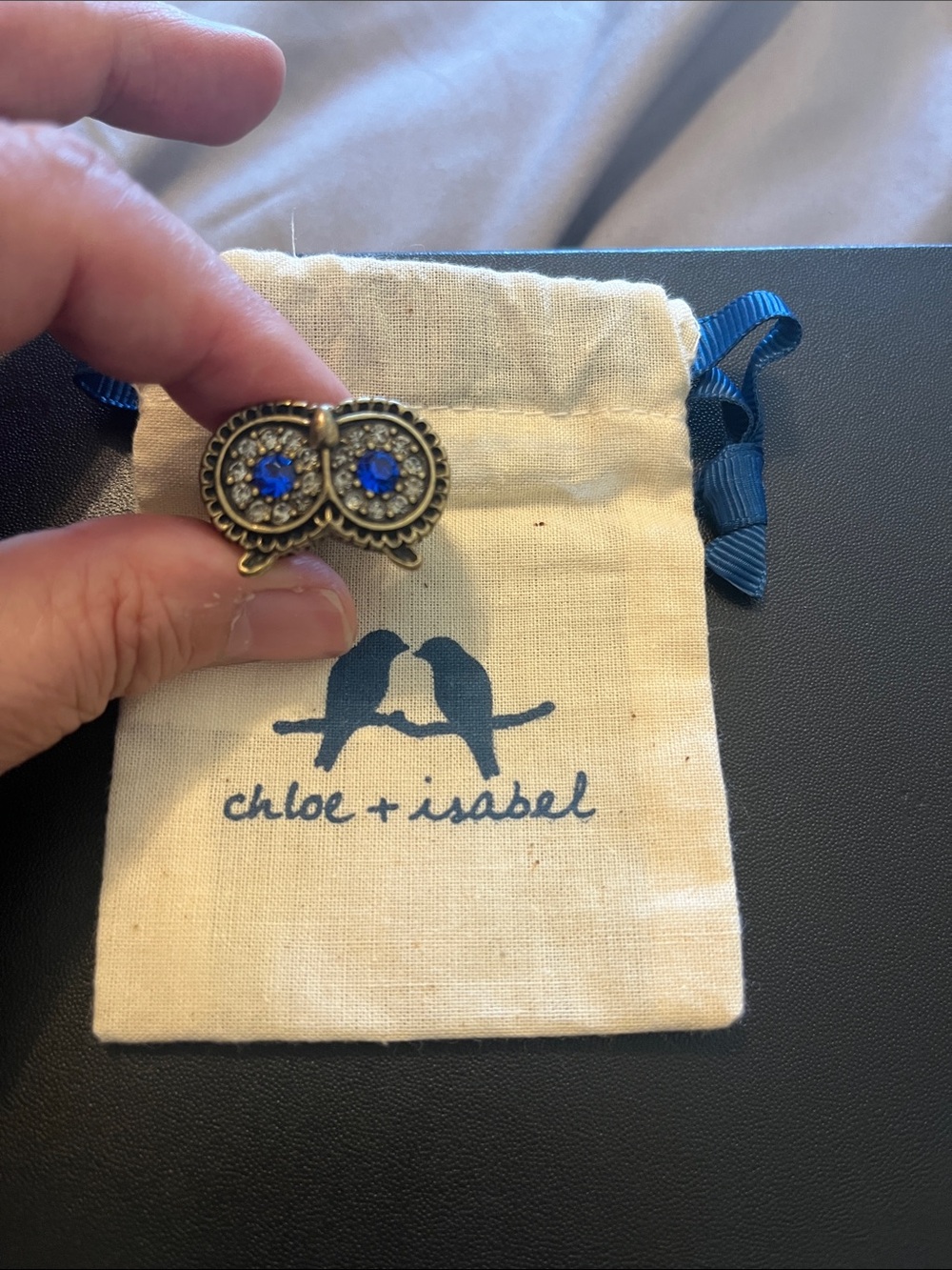 Chloe + Isabel Antique Gold Owl Ring with Royal Blue Crystals